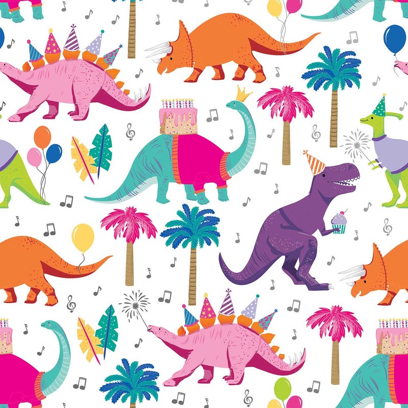 Colors of Rainbow Flat Sheet Wrapping Paper Featuring Jurassic T-Rex Dinosaurs Party Apatosaurus Triceratops Pentaceratops, Stegosaurus Saurolophus Tyrannosaurus Gift Wrap (Dino Party) - Image 1